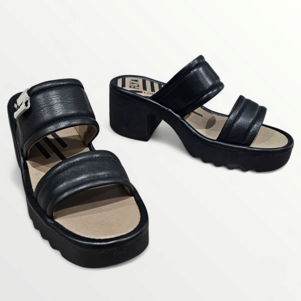 FLY LONDON Mava Black Leather Chunky Double Band Platform Slide Sandals 40/10